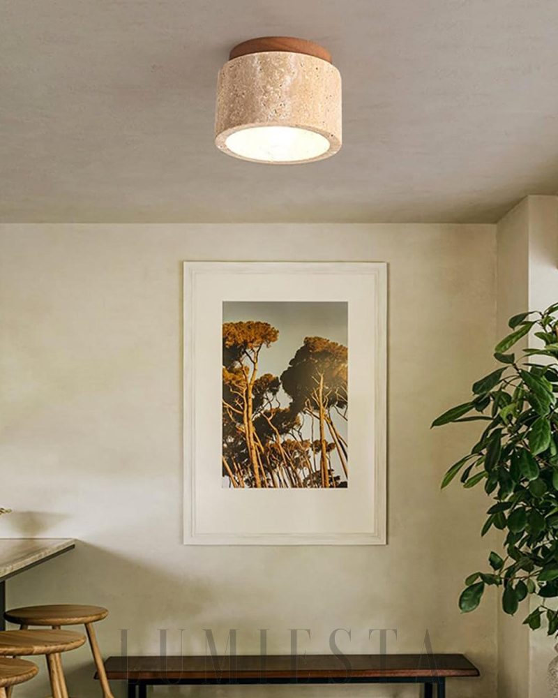 Beżowa Cylindryczna Lampa Sufitowa z Trawertynu 12cm