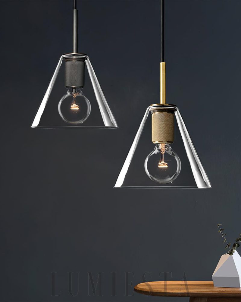 Lampa wisząca szklana w mosiężnej oprawie styl industrialny