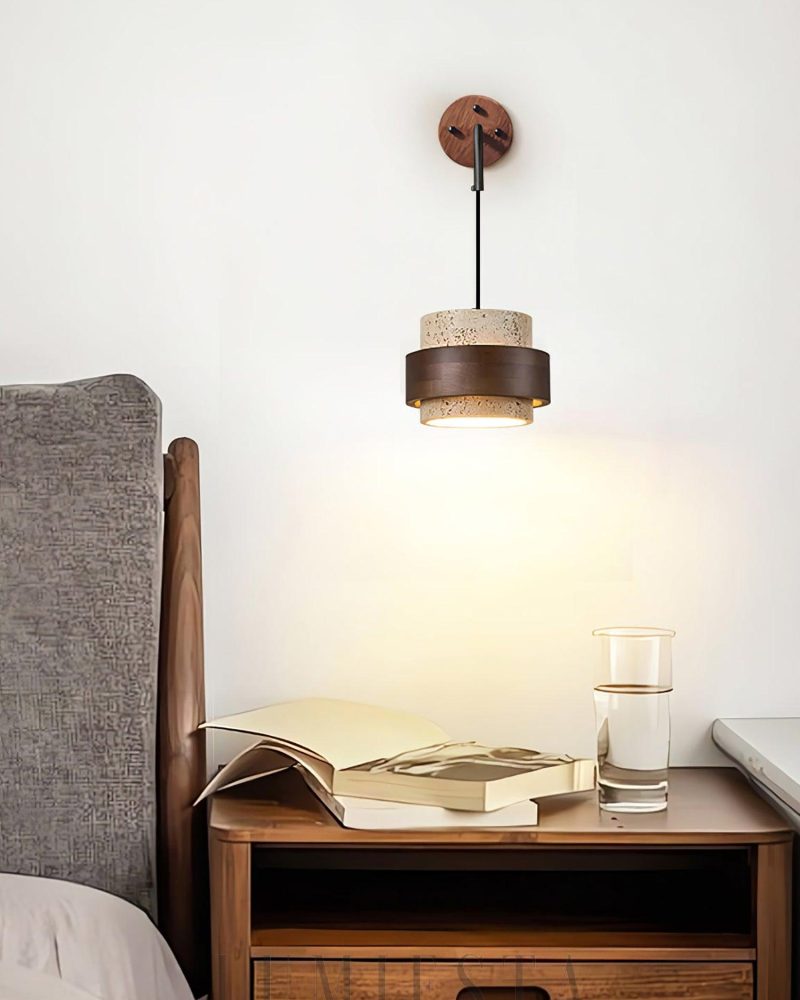 Lampa Ścienna Cylinder Stonova z Travertynu Beżowa z Orzechem
