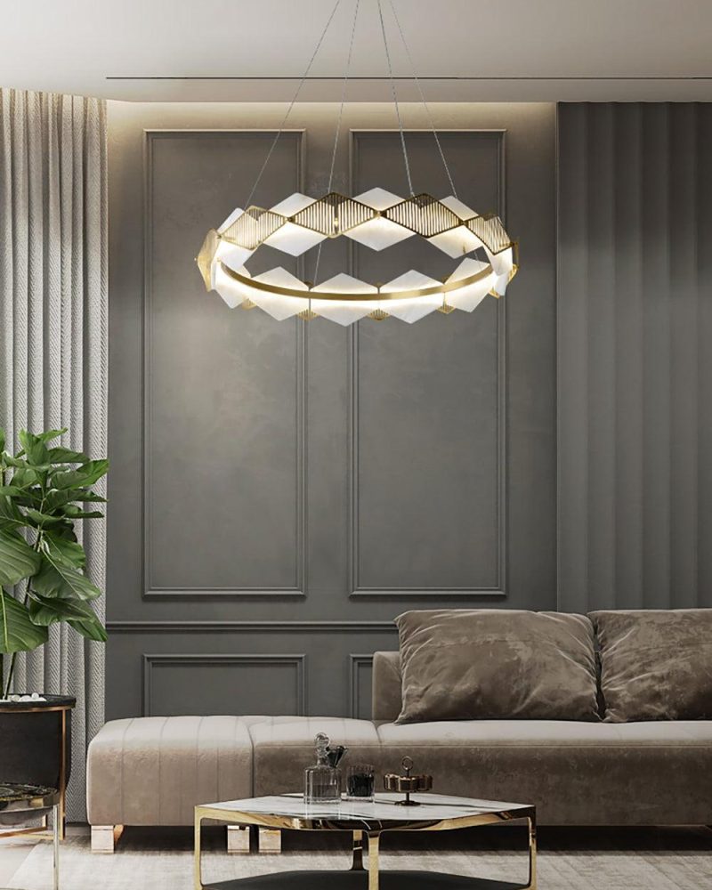 Lampa żyrandolowa diamentowa okrągła mosiężna z alabastrem