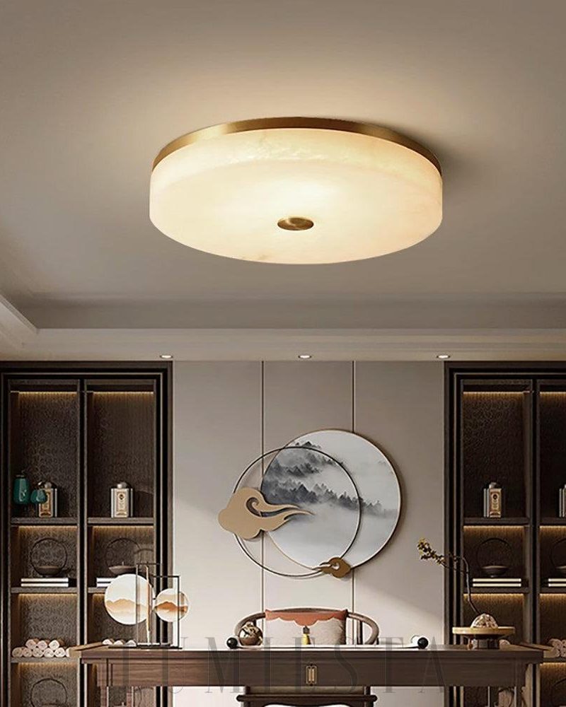 Lampa sufitowa alabastrowa okrągła w kolorze złotym i białym