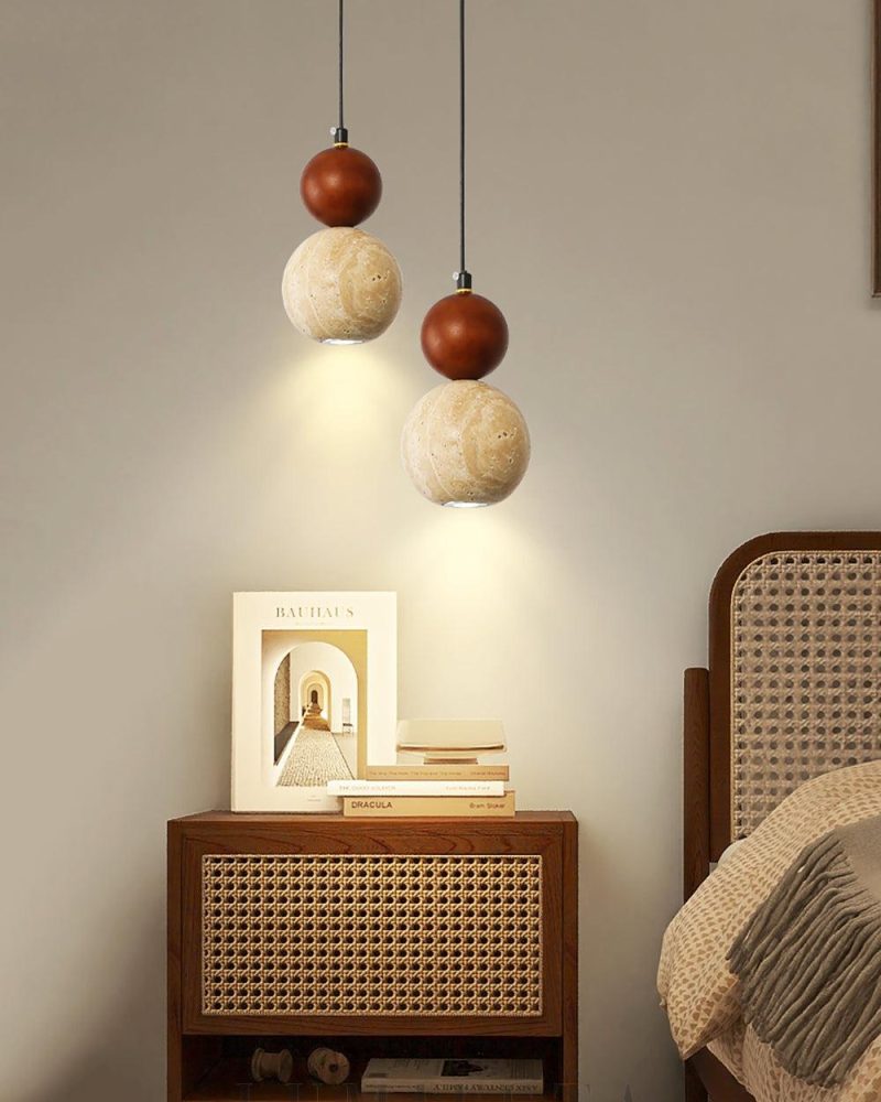 Lampa wisząca Travertynowa okrągła z drewnianym akcentem 10cm