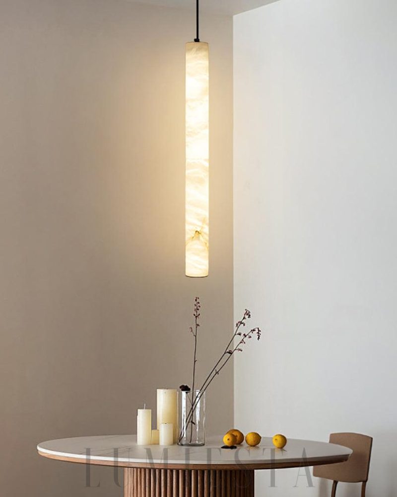 Elegancka Lampa Wisząca Cylindryczna z Alabastru Biały Złoty