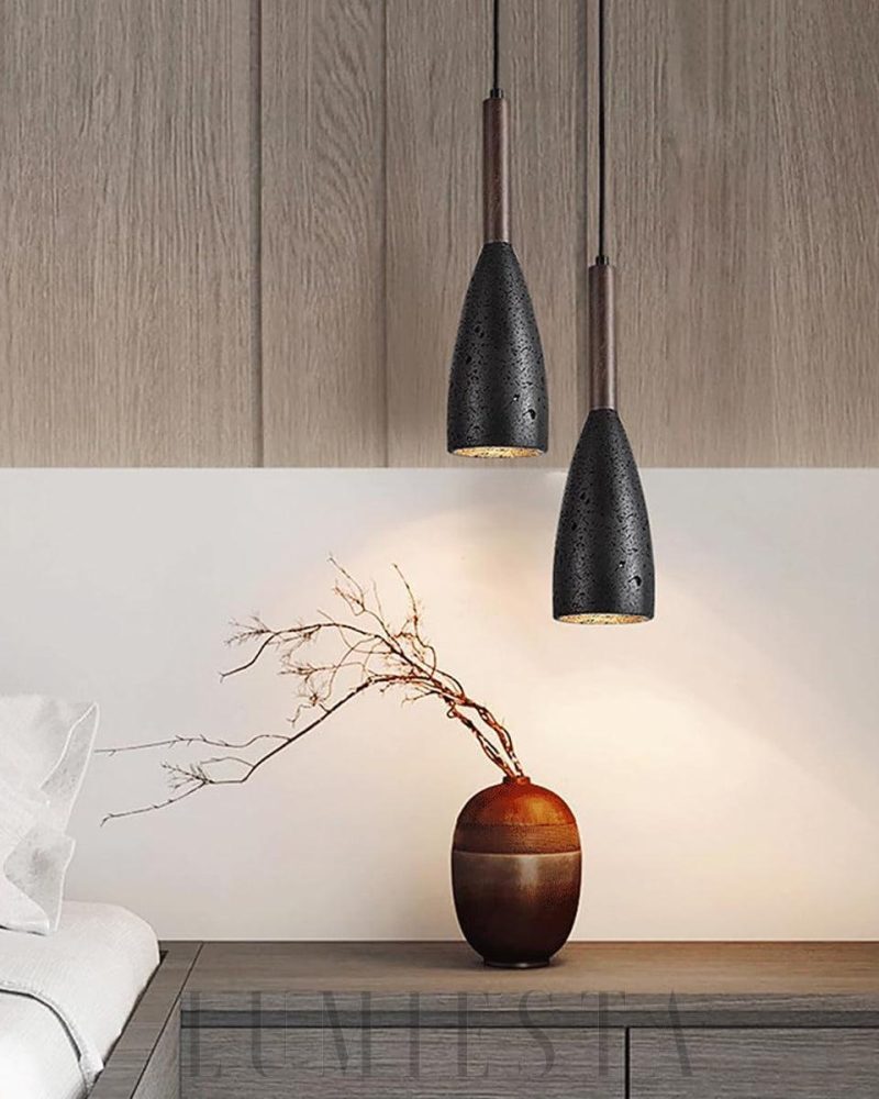 Lampa wisząca Stone Cave z trawertynu i drewnem 10cm 27cm