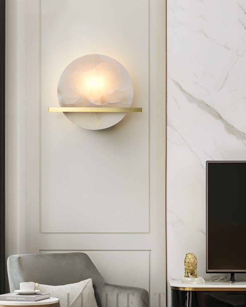 Lampa Ścienna Savion Okrągła z Alabastru Mosiężna 20cm