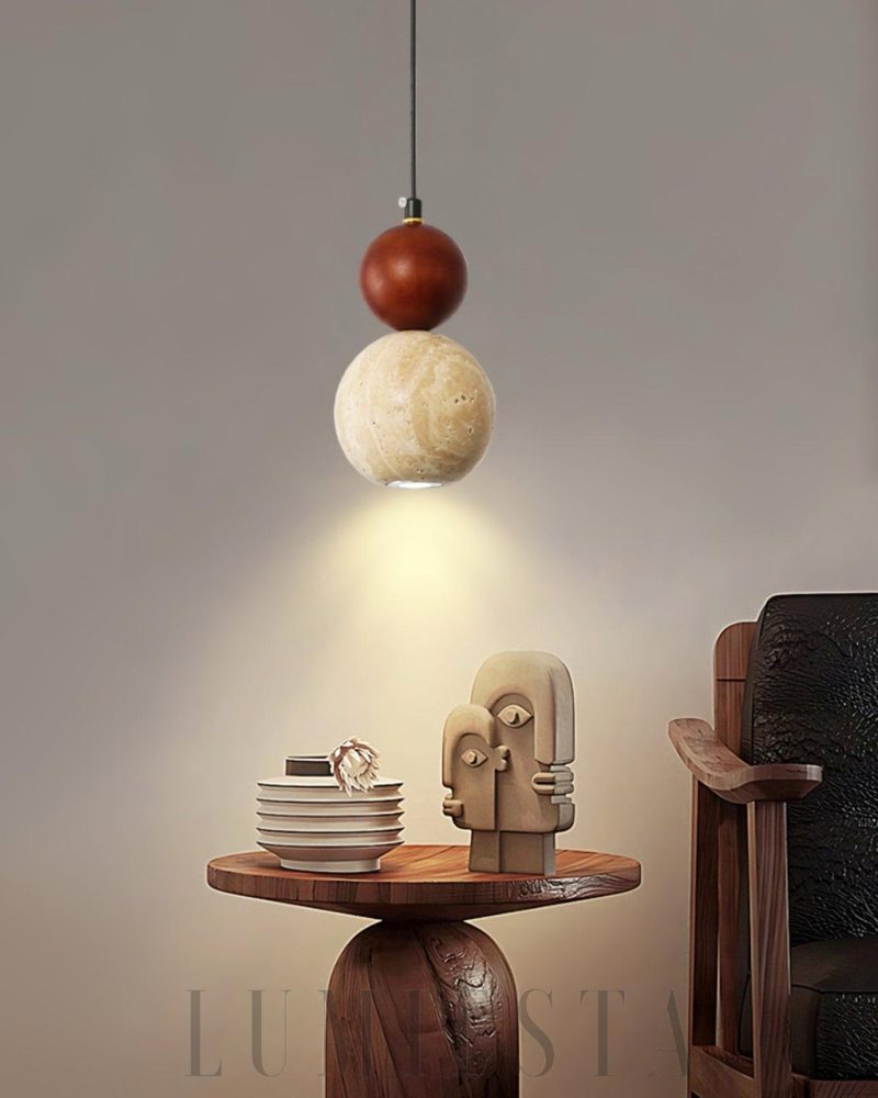 Lampa wisząca Travertynowa okrągła z drewnianym akcentem 10cm