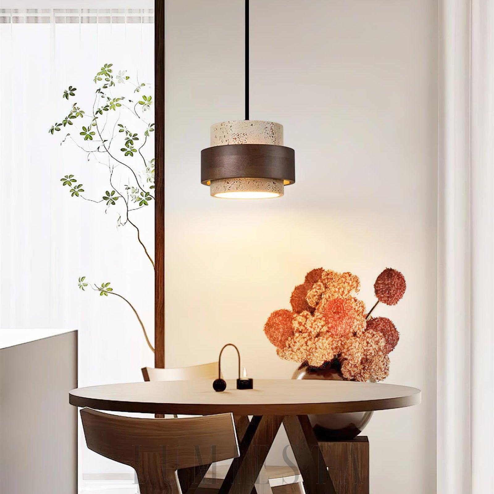 Lampa wisząca Cylinder Stonova z travertynu i drewna 17cm 60cm 80cm 100cm