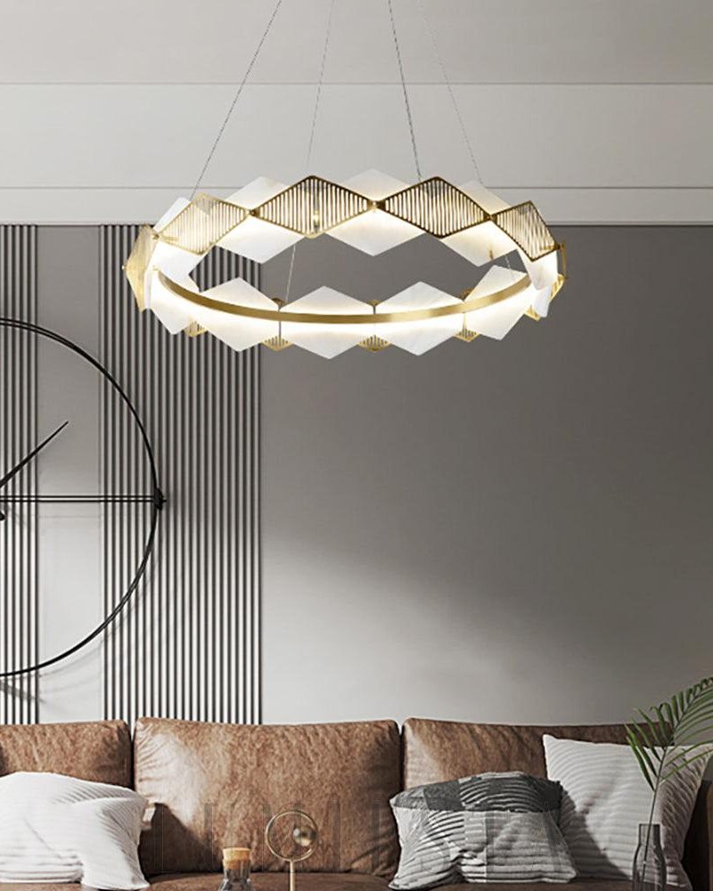 Lampa żyrandolowa diamentowa okrągła mosiężna z alabastrem