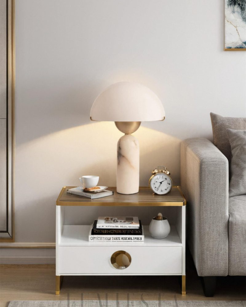 Lampa stołowa Alabaster Peono biały złoty styl minimalistyczny