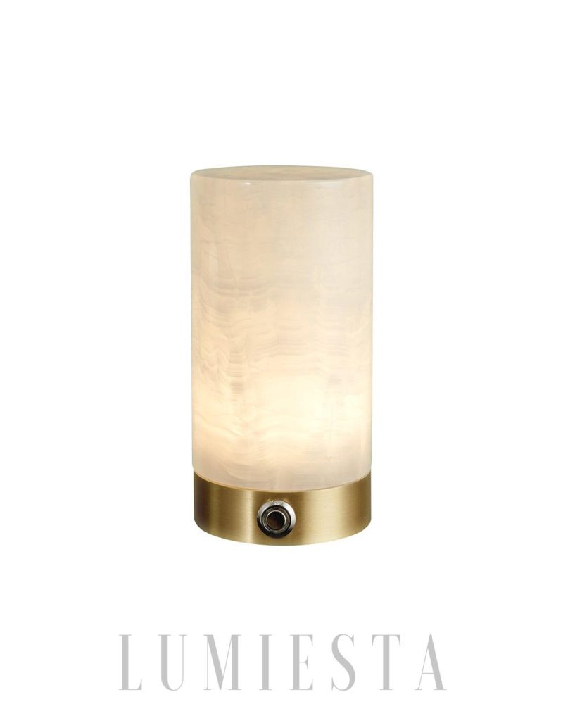Lampa Stołowa Cylindryczna z Alabastru w Mosiężnej Obudowie