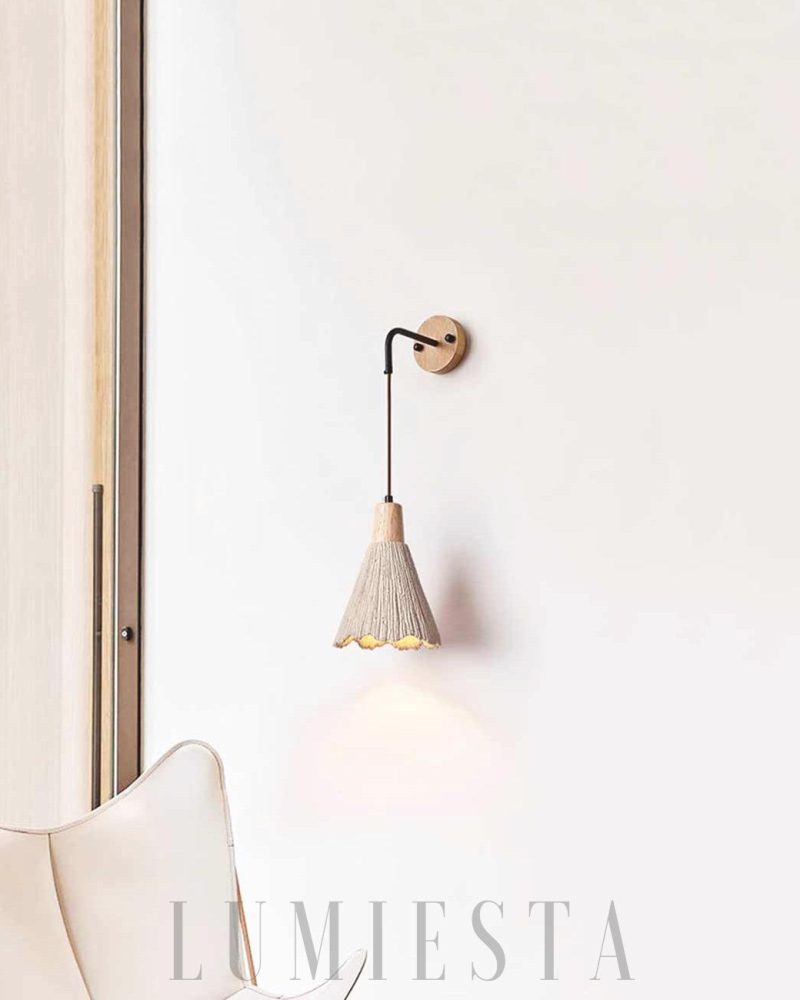 Lampa ścienna Cementowa Vintage z drewnianym kloszem żółta