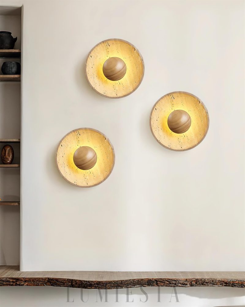 Lampa Ścienna Halo z Travertynu Okrągła Beżowa 25cm