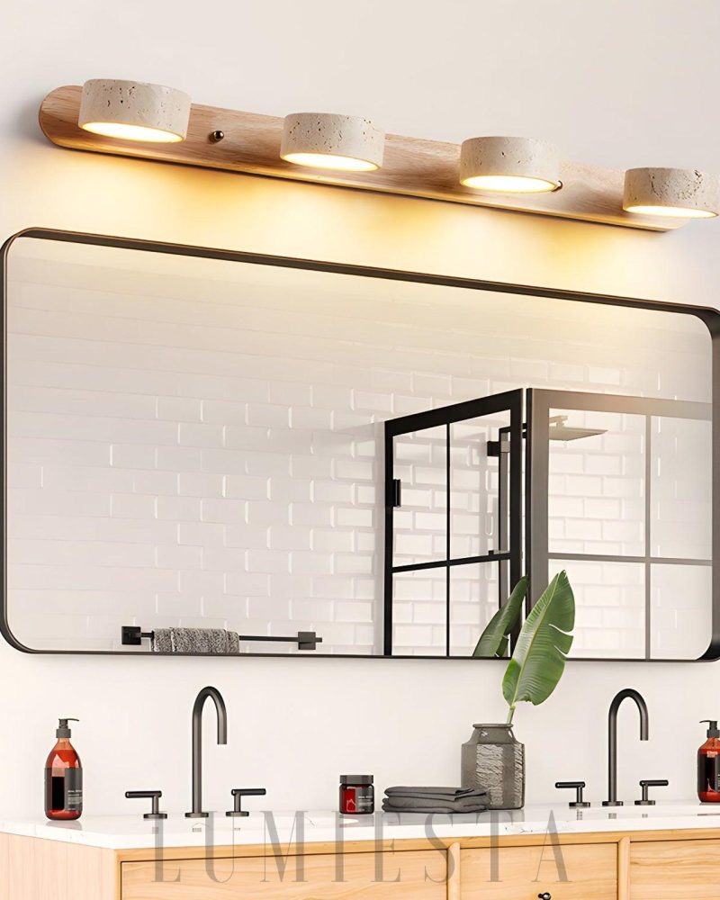 Stylowa lampa ścienna Travertine Duo z drewna i kamienia
