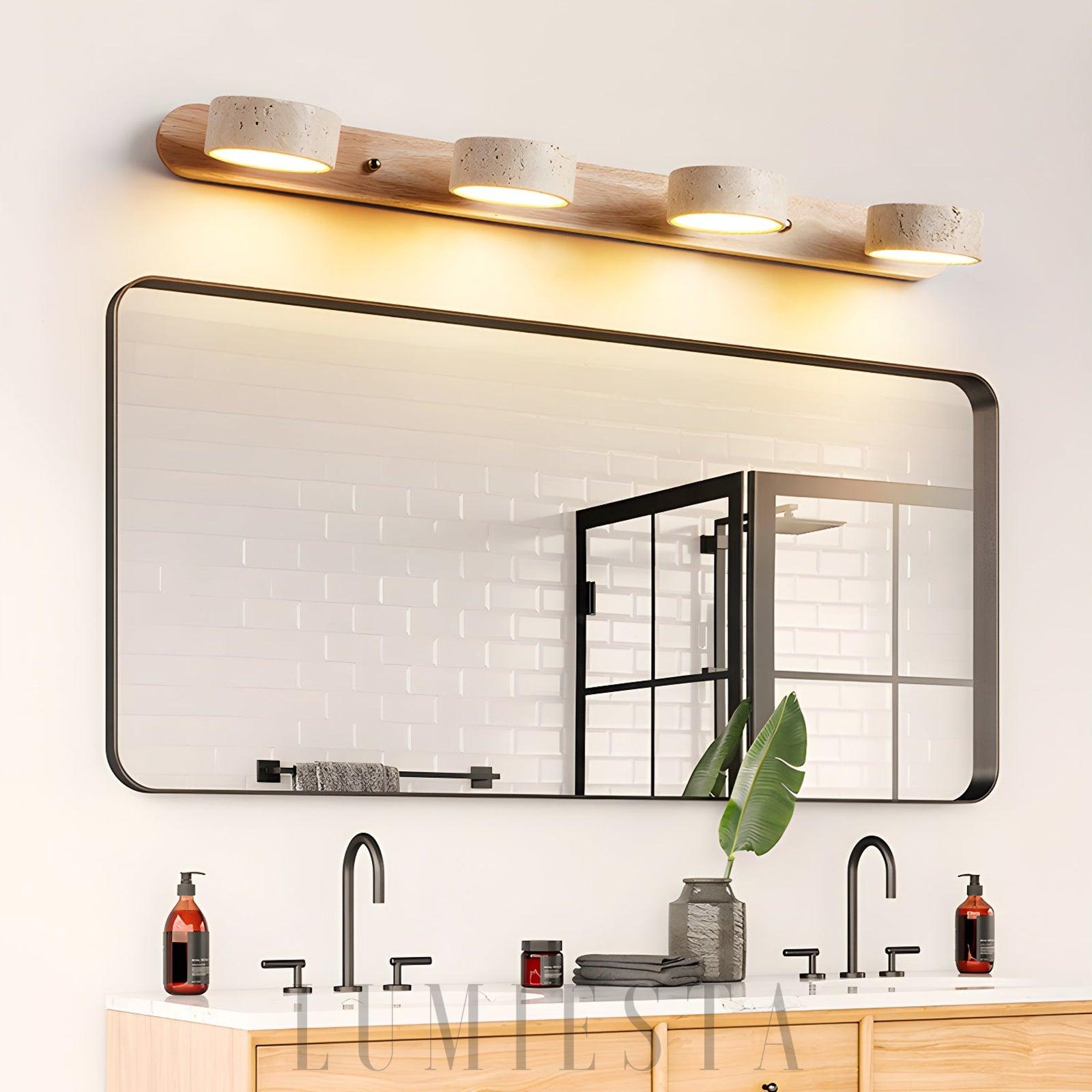 Stylowa lampa ścienna Travertine Duo z drewna i kamienia