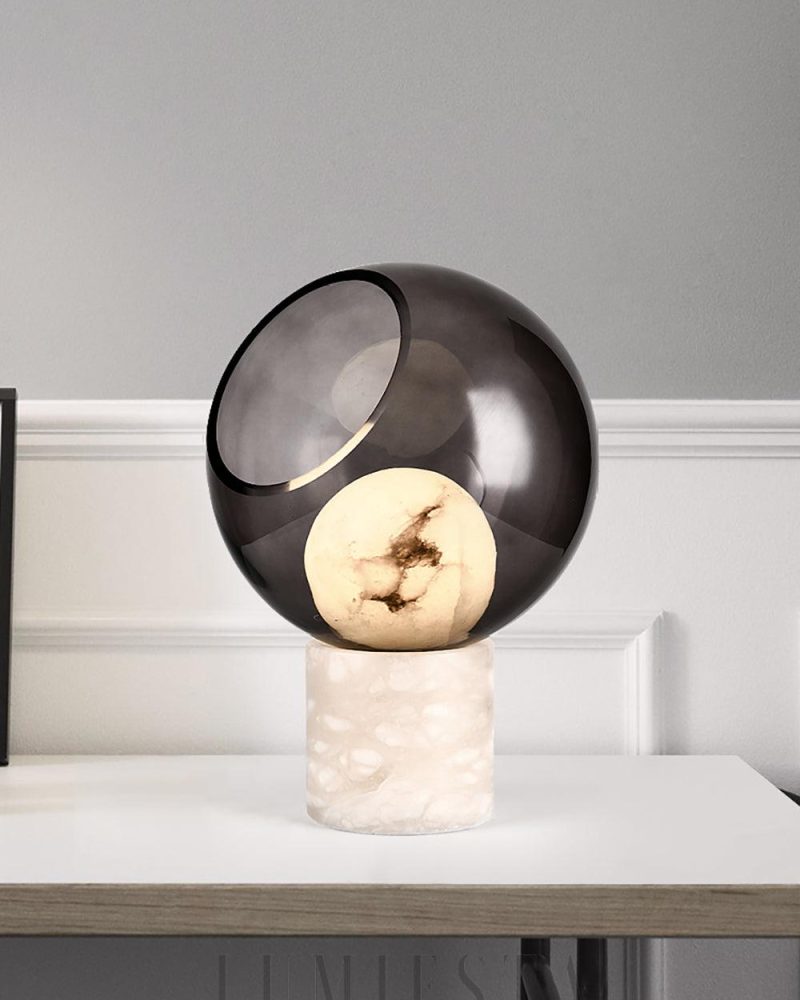 Lampa Stołowa Szklana Przydymiona z Akcentem Alabastrowym 25cm