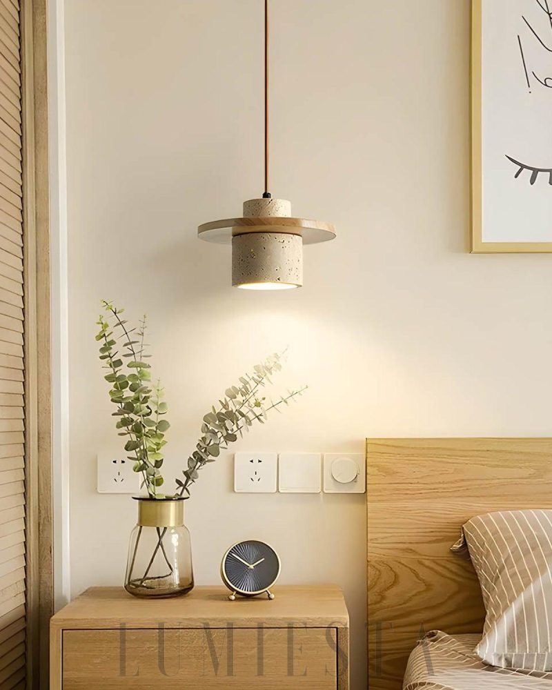 Cylindryczna lampa wisząca Stonova Duo z travertinu i drewna