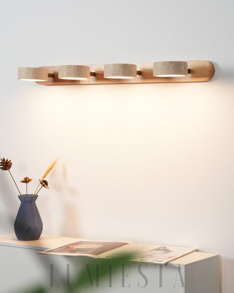 Stylowa lampa ścienna Travertine Duo z drewna i kamienia