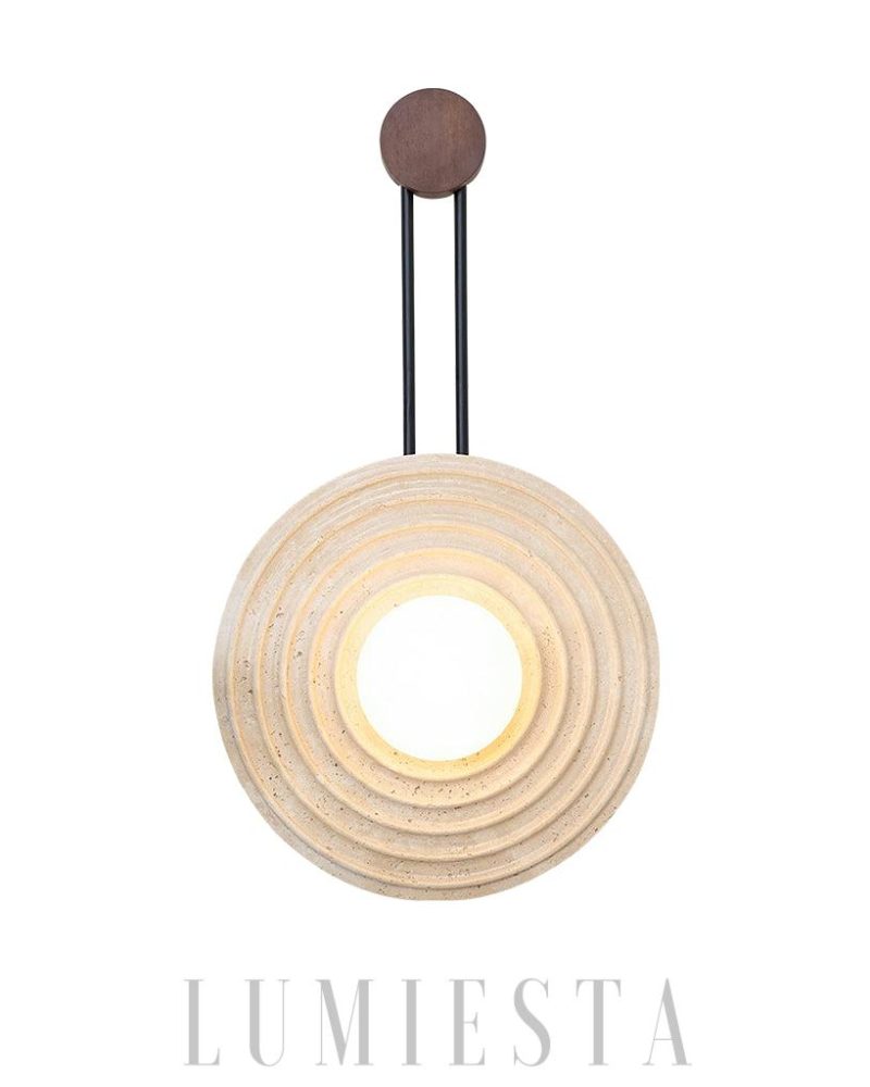 Lampa ścienna okrągła z trawertynu i drewnianymi akcentami