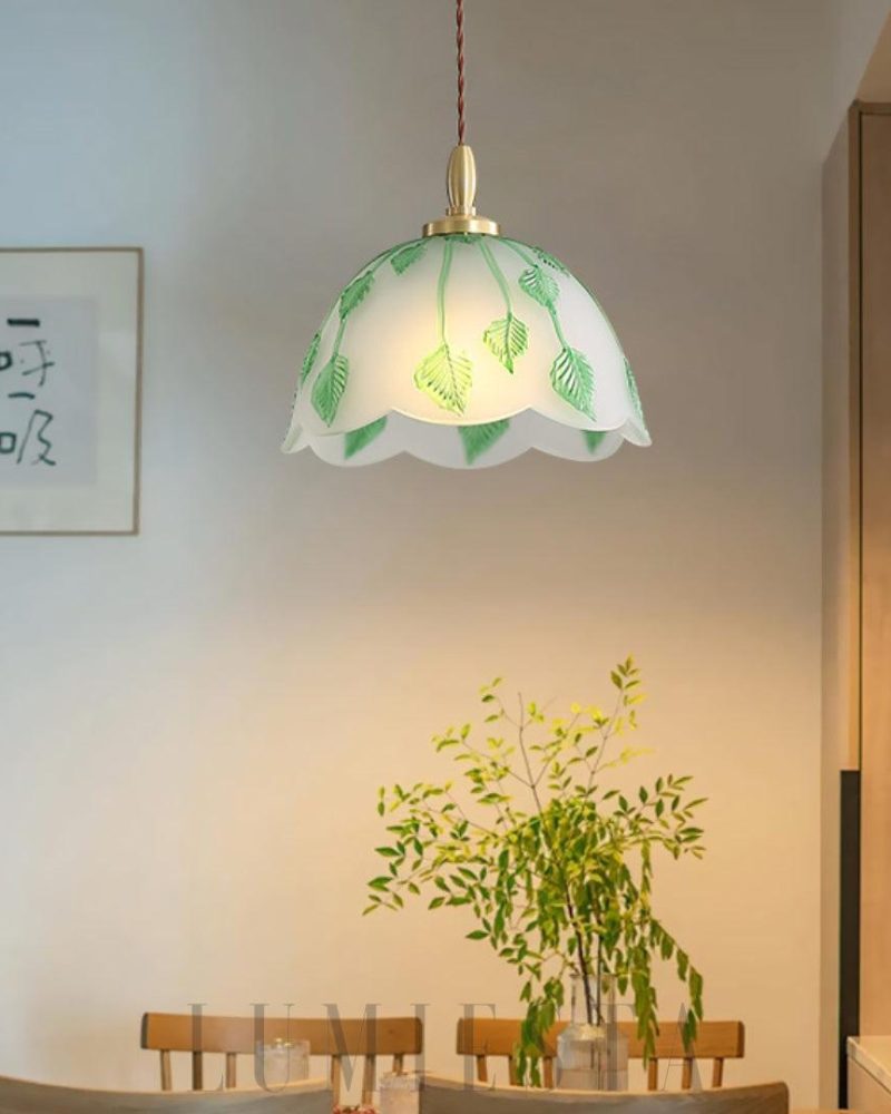 Lampa wisząca retro z liśćmi ze szkła średnica 28cm zielona biała
