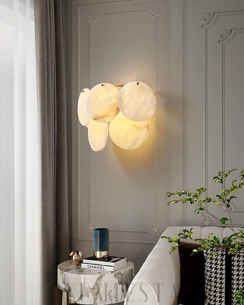 Lampa Ścienna Alabastrowa Okrągła Dwuwarstwowa 32cm Biała Złota