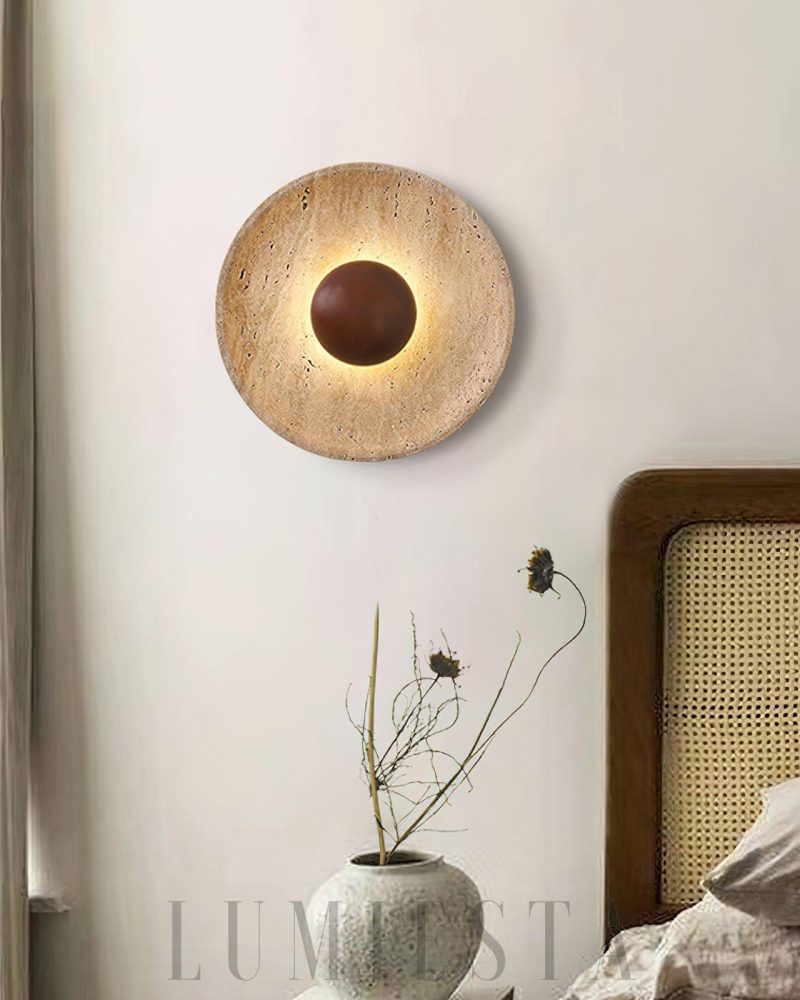 Lampa Ścienna Halo z Travertynu Okrągła Beżowa 25cm
