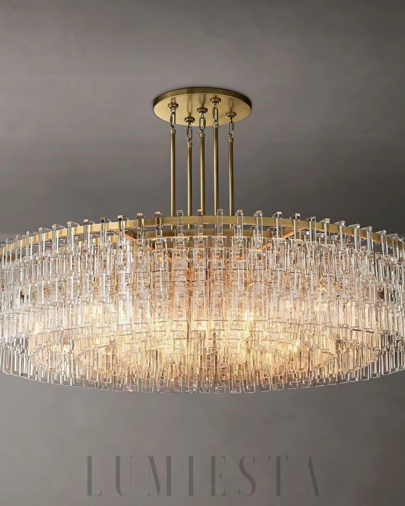 Lampa wisząca Marigna okrągła 60 cali z kryształami i mosiądzu