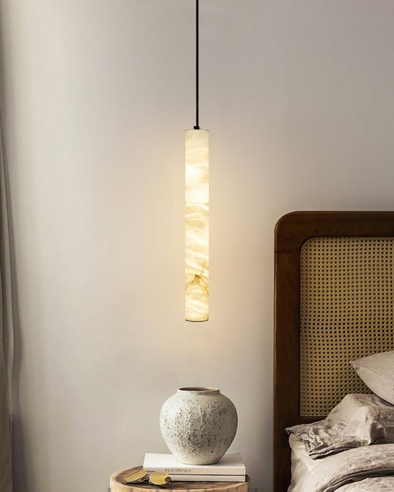 Elegancka Lampa Wisząca Cylindryczna z Alabastru Biały Złoty