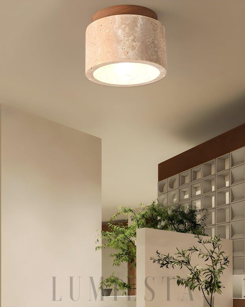 Beżowa Cylindryczna Lampa Sufitowa z Trawertynu 12cm