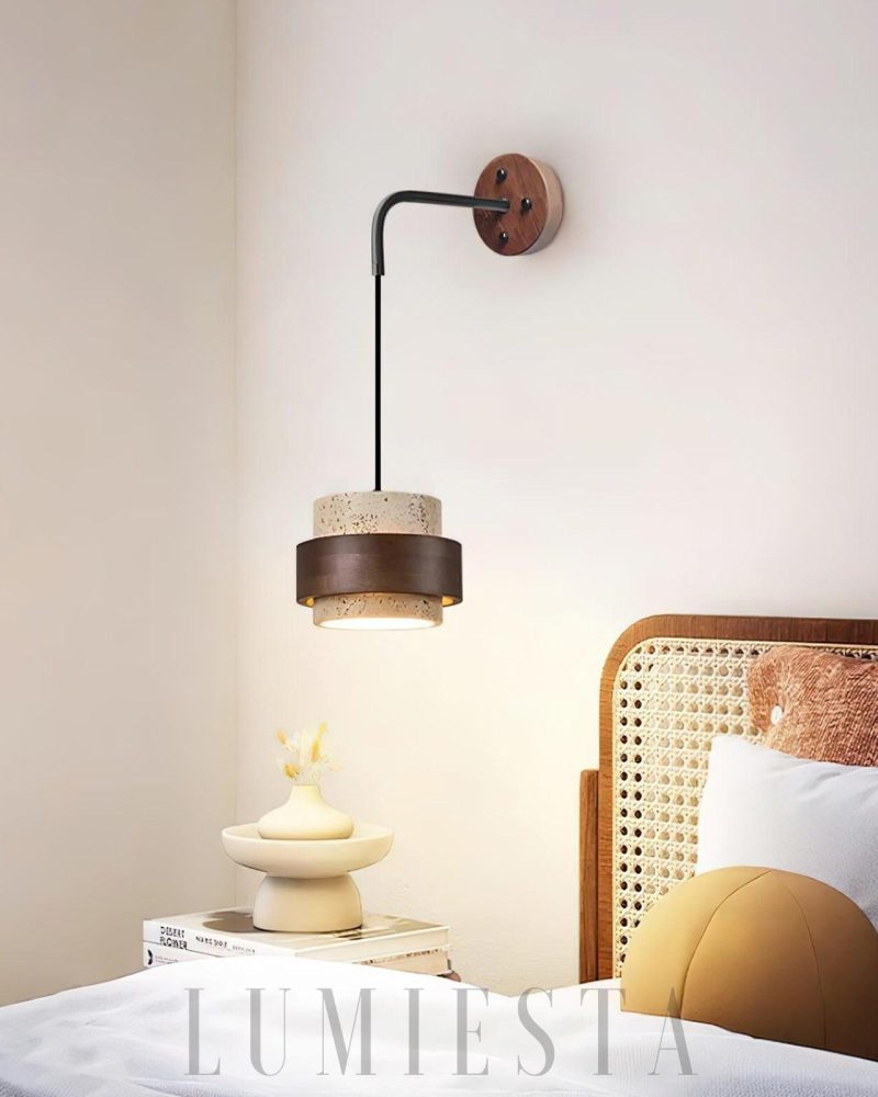 Lampa Ścienna Cylinder Stonova z Travertynu Beżowa z Orzechem