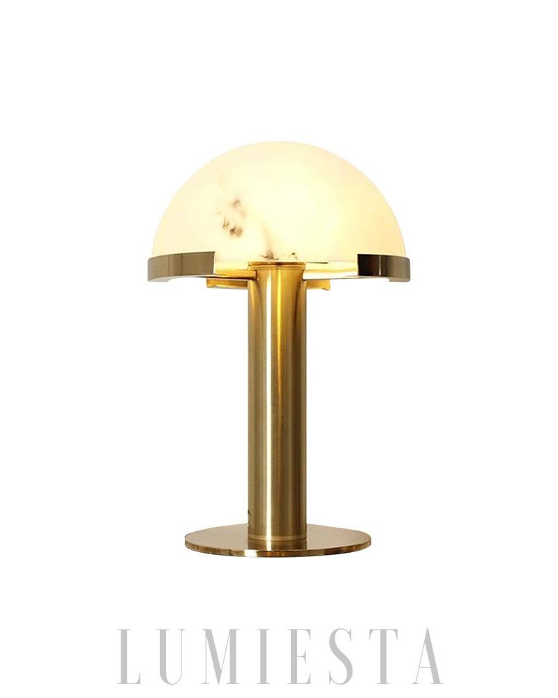 Lampa stołowa w kształcie hemisfery z alabastru w kolorze złotym i białym