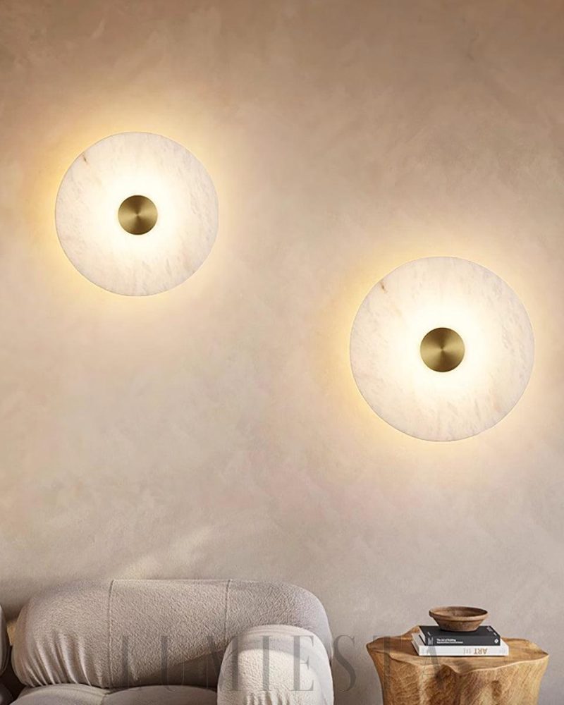 Lampa ścienna alabastrowa w kształcie dysku Biały Złoty