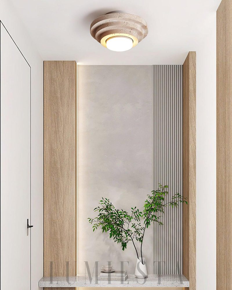 Lampa sufitowa cylindryczna z trawertynu w beżowym kolorze