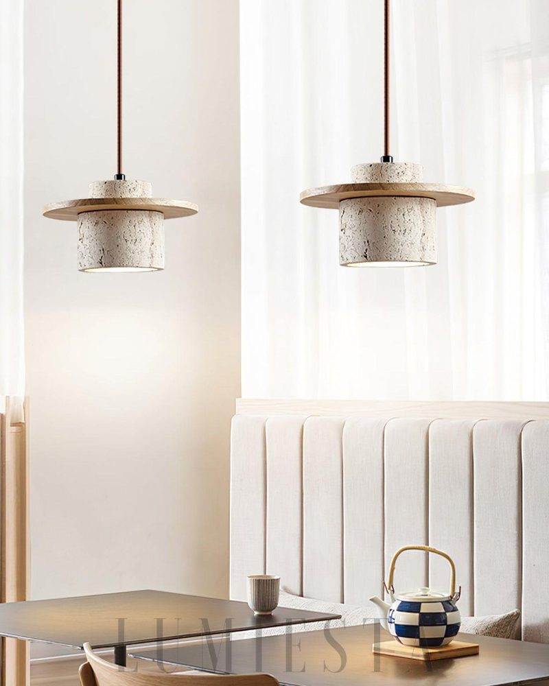 Cylindryczna lampa wisząca Stonova Duo z travertinu i drewna