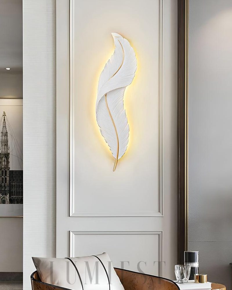 Lampa Ścienna Pióro Biała i Złota Nowoczesny Styl 24cm 91cm