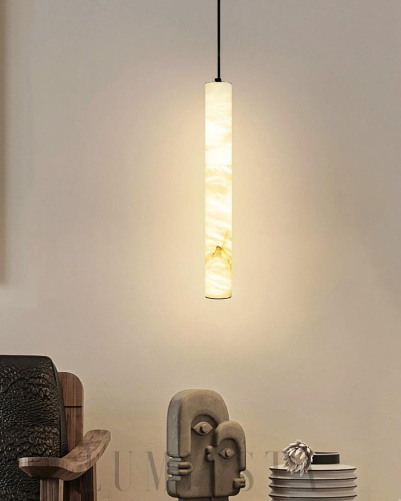 Elegancka Lampa Wisząca Cylindryczna z Alabastru Biały Złoty