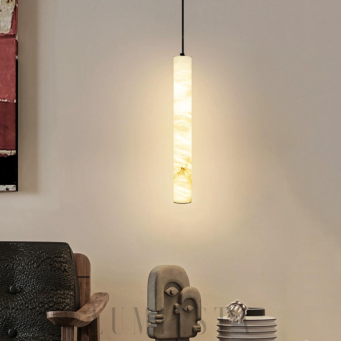 Elegancka Lampa Wisząca Cylindryczna z Alabastru Biały Złoty