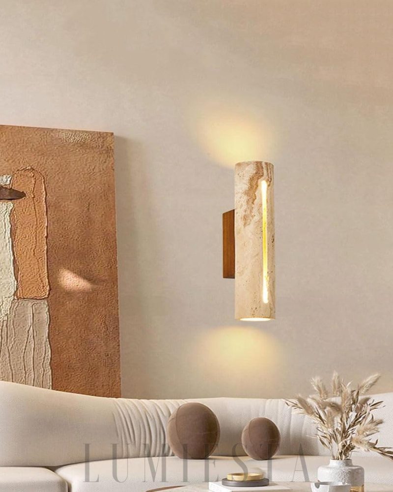 Beżowa cylindryczna lampa ścienna z trawertynu 28cm