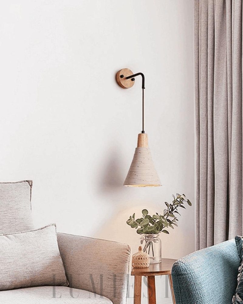 Lampa ścienna Cementowa Vintage z drewnianym kloszem żółta