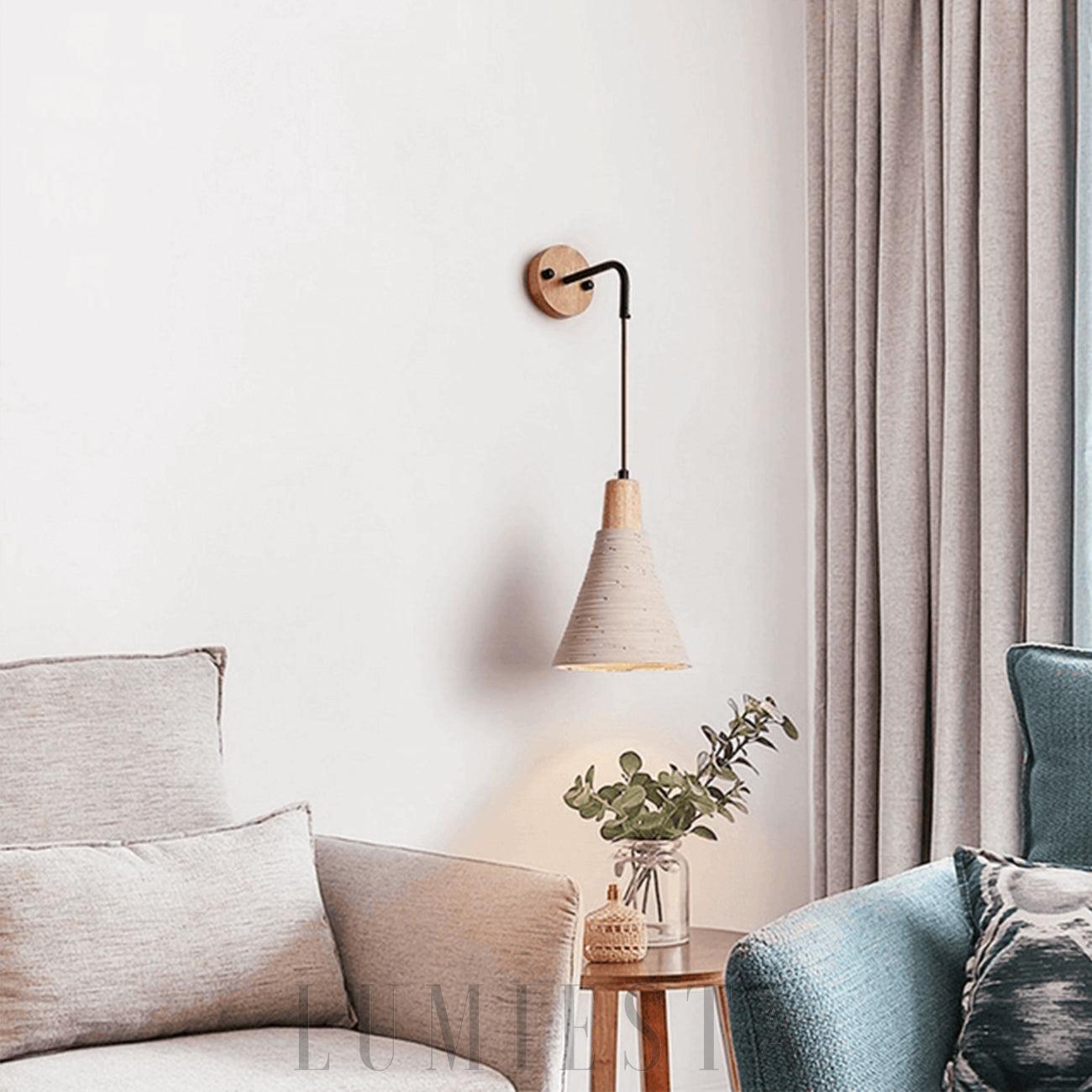 Lampa ścienna Cementowa Vintage z drewnianym kloszem żółta