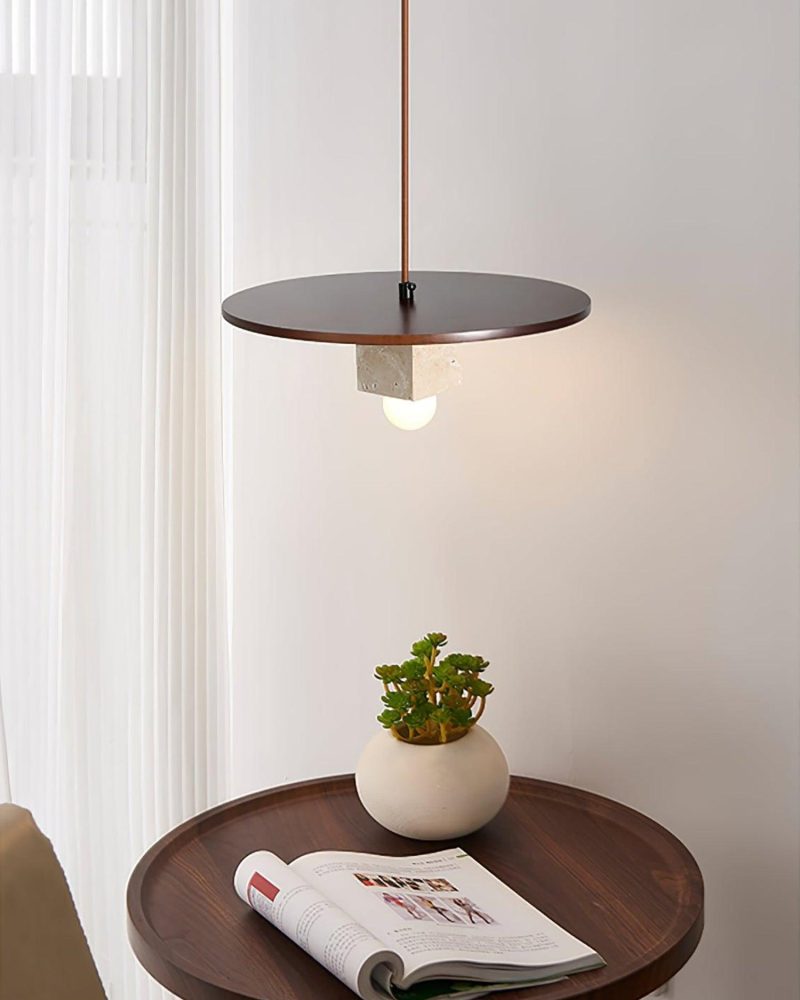 Lampa wisząca beżowa okrągła z drewna i trawertynu 30cm