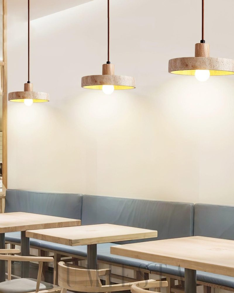 Lampa wisząca Piedra z travertynu i drewna 20cm Beżowa Orzechowa