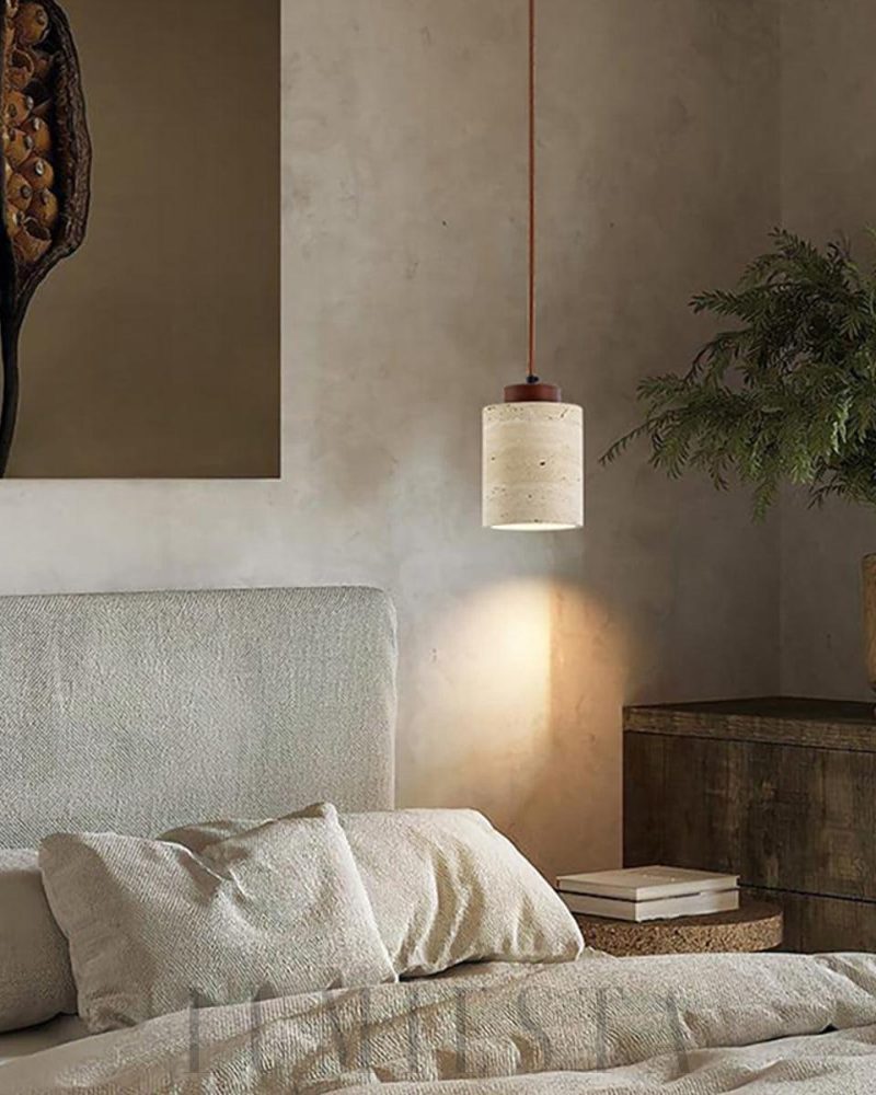 Lampa wisząca vintage cylindryczna z trawertynu beżowa