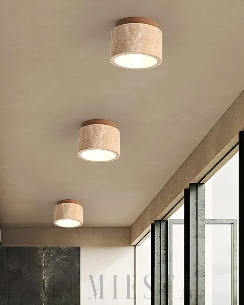 Beżowa Cylindryczna Lampa Sufitowa z Trawertynu 12cm