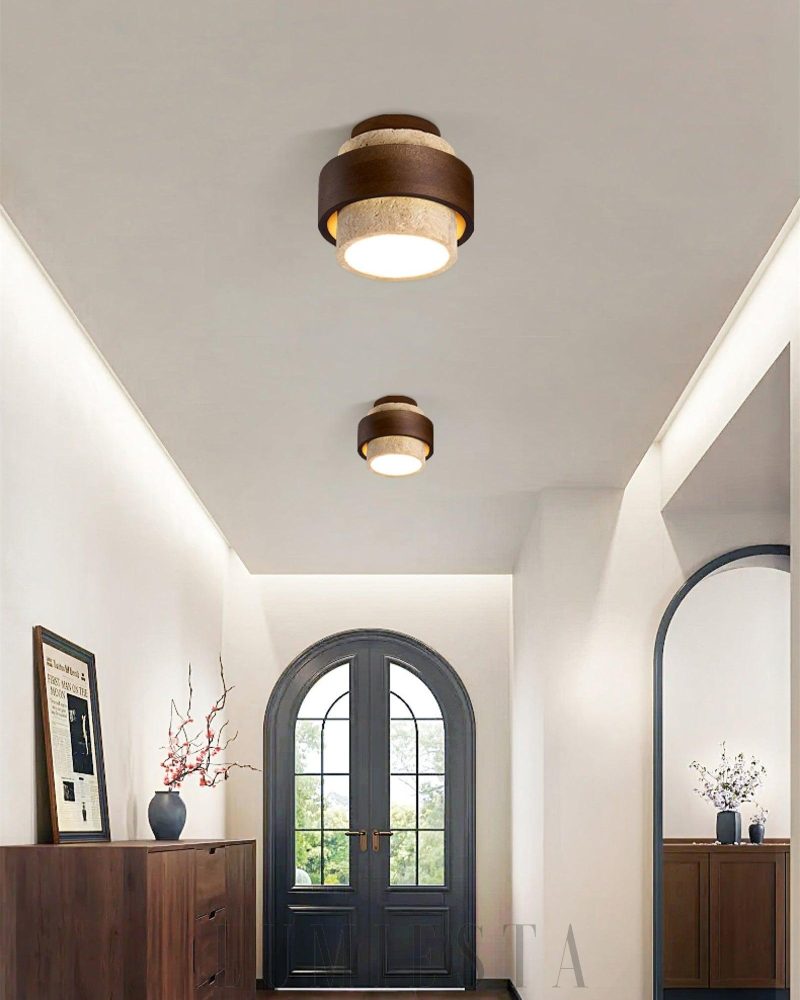 Lampa sufitowa cylindryczna z trawertynu w kolorze beżowym i orzechowym