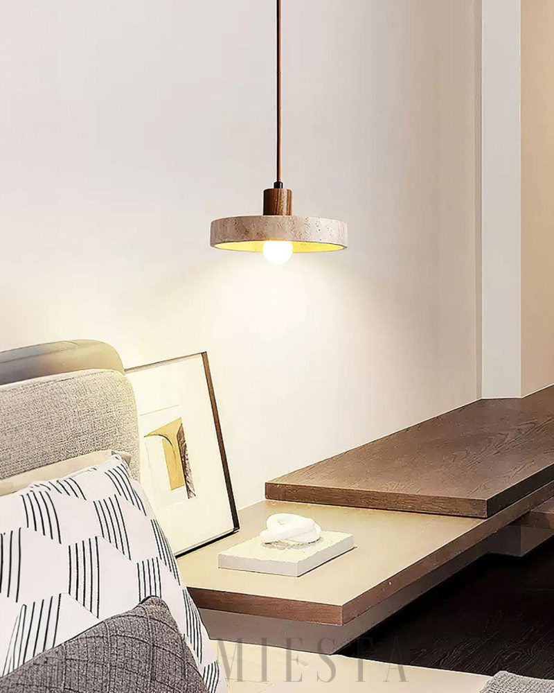 Lampa wisząca Piedra z travertynu i drewna 20cm Beżowa Orzechowa