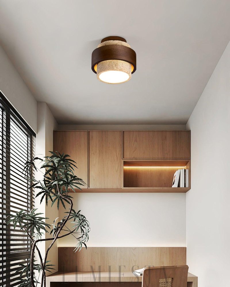 Lampa sufitowa cylindryczna z trawertynu w kolorze beżowym i orzechowym