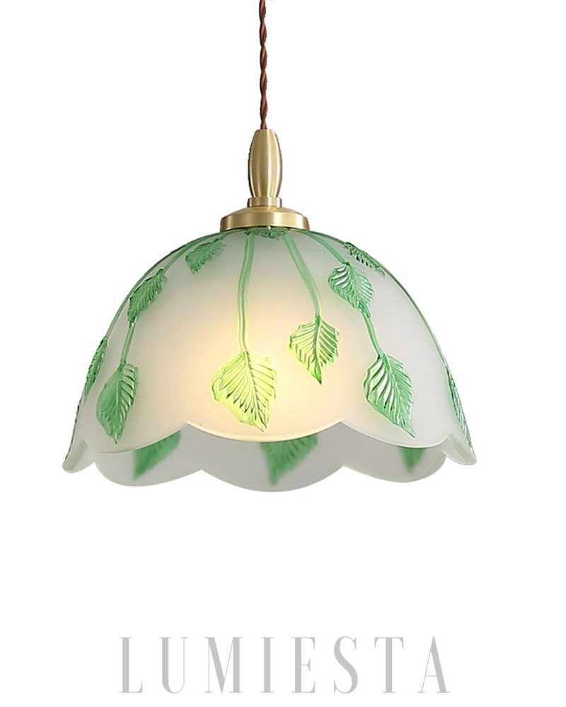 Lampa wisząca retro z liśćmi ze szkła średnica 28cm zielona biała