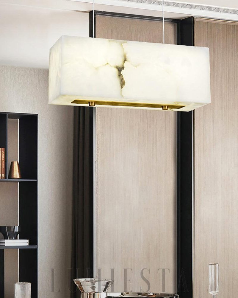 Alabastrowa prostokątna lampa wisząca w mosiądzu i bieli