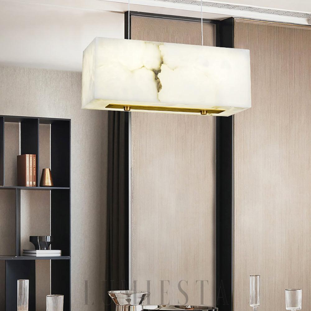 Alabastrowa prostokątna lampa wisząca w mosiądzu i bieli
