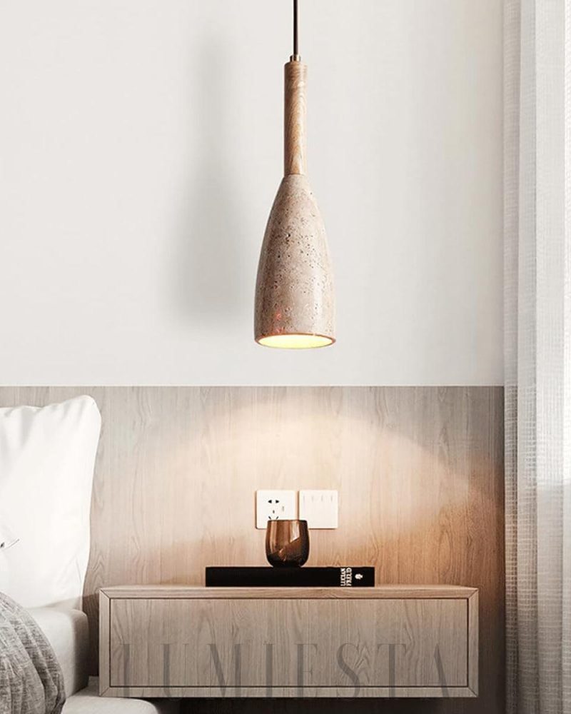 Lampa wisząca Stone Cave z trawertynu i drewnem 10cm 27cm